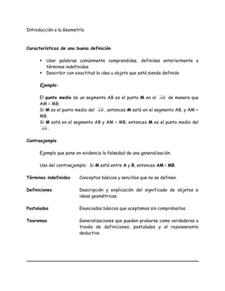 Introducción a la Geometría
Características de una buena definición
 Usar palabras comúnmente comprendidas, definidas anteriormente o
términos indefinidos.
 Describir con exactitud la idea u objeto que está siendo definido
Ejemplo:
El punto medio de un segmento AB es el punto M en el AB de manera que
AM = MB.
Si M es el punto medio del AB , entonces M está en el segmento AB, y AM =
MB.
Si M está en el segmento AB y AM = MB, entonces M es el punto medio del
AB .
Contraejemplo
Ejemplo que pone en evidencia la falsedad de una generalización.
Uso del contraejemplo: Si M está entre A y B, entonces AM < MB.
Términos indefinidos Conceptos básicos y sencillos que no se definen.
Definiciones Descripción y explicación del significado de objetos e
ideas geométricas.
Postulados Enunciados básicos que aceptamos sin comprobarlos.
Teoremas Generalizaciones que pueden probarse como verdaderas a
través de definiciones, postulados y el razonamiento
deductivo.
 