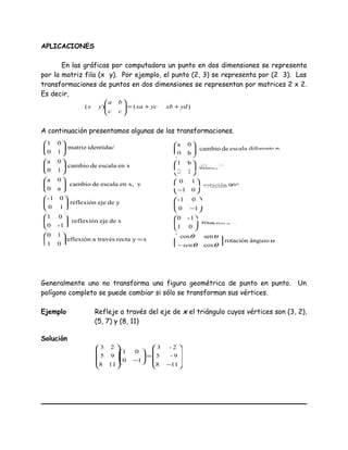 APLICACIONES
En las gráficas por computadora un punto en dos dimensiones se representa
por la matriz fila (x y). Por ejemplo, el punto (2, 3) se representa por (2 3). Las
transformaciones de puntos en dos dimensiones se representan por matrices 2 x 2.
Es decir,
)()( ydxbycxa
cc
ba
yx ++=





A continuación presentamos algunas de las transformaciones.
Generalmente uno no transforma una figura geométrica de punto en punto. Un
polígono completo se puede cambiar si sólo se transforman sus vértices.
Ejemplo Refleje a través del eje de x el triángulo cuyos vértices son (3, 2),
(5, 7) y (8, 11)
Solución










−
=





−









118
9-5
2-3
10
01
118
95
23
θ
θθ
θθ
ángulorotación
cos
sencos
270rotación
01
1-0
180rotación
10
01-
90rotación
01
10
yendilatación
10
b1
yx,paradiferenteescaladecambio
b0
0a






−
°





°





−
°





−












sen
xyrectatravésareflexión
01
10
xdeejereflexión
1-0
01
ydeejereflexión
10
01-
yen x,escaladecambio
a0
0a
en xescaladecambio
10
0a
identidadmatriz
10
01
=



































 