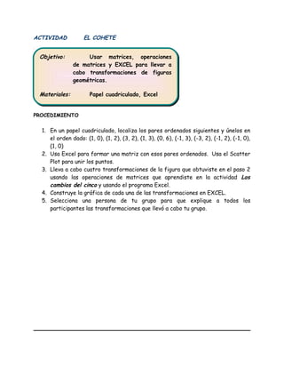 ACTIVIDAD EL COHETE
PROCEDIMIENTO
1. En un papel cuadriculado, localiza los pares ordenados siguientes y únelos en
el orden dado: (1, 0), (1, 2), (3, 2), (1, 3), (0, 6), (-1, 3), (-3, 2), (-1, 2), (-1, 0),
(1, 0)
2. Usa Excel para formar una matriz con esos pares ordenados. Usa el Scatter
Plot para unir los puntos.
3. Lleva a cabo cuatro transformaciones de la figura que obtuviste en el paso 2
usando las operaciones de matrices que aprendiste en la actividad Los
cambios del cinco y usando el programa Excel.
4. Construye la gráfica de cada una de las transformaciones en EXCEL.
5. Selecciona una persona de tu grupo para que explique a todos los
participantes las transformaciones que llevó a cabo tu grupo.
Objetivo: Usar matrices, operaciones
de matrices y EXCEL para llevar a
cabo transformaciones de figuras
geométricas.
Materiales: Papel cuadriculado, Excel
Objetivo: Usar matrices, operaciones
de matrices y EXCEL para llevar a
cabo transformaciones de figuras
geométricas.
Materiales: Papel cuadriculado, Excel
 