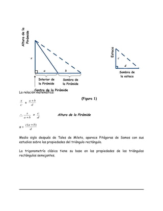 La relación matemática:
c
x
=
d
ba +
∴ ba
x
+
=
d
c
Altura de la Pirámide
x =
d
bac )( +
Medio siglo después de Tales de Mileto, aparece Pitágoras de Samos con sus
estudios sobre las propiedades del triángulo rectángulo.
La trigonometría clásica tiene su base en las propiedades de los triángulos
rectángulos semejantes.
c
Sombra de
la estaca
Estaca
d
x
a b
Centro de la Pirámide
Interior de
la Pirámide
Sombra de
la Pirámide
Alturadela
Pirámide
(Figura 1)
 