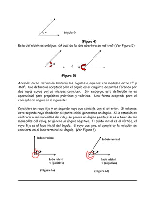 ángulo θ
Esta definición es ambigua. ¿A cuál de las dos abertura se refiere? (Ver Figura 5)
Además, dicha definición limitaría los ángulos a aquellos con medidas entre 0° y
360°. Una definición aceptada para el ángulo es el conjunto de puntos formado por
dos rayos cuyos puntos iniciales coinciden. Sin embargo, esta definición no es
operacional para propósitos prácticos y teóricos. Una forma aceptada para el
concepto de ángulo es la siguiente:
Considere un rayo fijo y un segundo rayo que coincide con el anterior. Si rotamos
este segundo rayo alrededor del punto inicial generamos un ángulo. Si la rotación es
contraria a las manecillas del reloj, se genera un ángulo positivo; si es a favor de las
manecillas del reloj, se genera un ángulo negativo. El punto inicial es el vértice, el
rayo fijo es el lado inicial del ángulo. El rayo que gira, al completar la rotación se
convierte en el lado terminal del ángulo. (Ver Figura 6).
(Figura 5)
θ
θó
(Figura 4)
θ
lado inicial
< (positivo)
(Figura 6a)
lado terminal
θ
lado inicial
< (negativo)
(Figura 6b)
lado terminal
θ
 