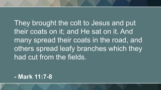 They brought the colt to Jesus and put
their coats on it; and He sat on it. And
many spread their coats in the road, and
others spread leafy branches which they
had cut from the fields.
- Mark 11:7-8
 