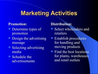 Marketing Activities Promotion: Determine types of promotion Design the advertising massage Selecting advertising media Schedule the advertisements Distribution: Select wholesalers and retailers Establish procedures for handling and moving products Find the best locations for plants, warehouses and retail outlets 