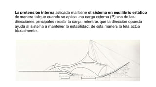 La pretensión interna aplicada mantiene el sistema en equilibrio estático
de manera tal que cuando se aplica una carga externa (P) una de las
direcciones principales resistir la carga, mientras que la dirección opuesta
ayuda al sistema a mantener la estabilidad; de esta manera la tela actúa
biaxialmente.
 