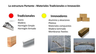 La estructura Portante : Materiales Tradicionales e Innovación
Tradicionales Innovadores
Acero
Madera
Hormigón Simple
Hormigón Armado
Aluminio y aleaciones
Plástico
Materiales compuestos
Madera laminada
Membranas Textiles
 