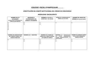 COLEGIO FISCAL O PARTICULAR…………
CONSTITUCIÓN DEL COMITÉ INSTITUCIONAL DEL CÓDIGO DE CONVIVENCIA
MODALIDAD: BACHILLERATO
NOMBRE DEL-LA
ESTUDIANTE
(ELEGIDO ENTRE LOS PRESIDENTES DE
CURSO DE CADA PARALELO)
PRESIDENTE Y
VICEPRESIDENTE DEL
CONSEJO ESTUDIANTIL
NOMBRE DEL RECTOR-A Y
VICERECTOR-A DEL COLEGIO
NOMBRE DEL COORDINADOR DEL
DOBE(en caso de existir)
NOMBRE DEL INSPECTOR
GENERAL (en caso de existir)
1.
2.
3.
4.
5.
6.
1.
2.
1.
2.
1. 1.
NOMBRE DEL REPRESENTANTE
DEL CONSEJO TÉCNICO Y/O
CONSEJO DIRECTIVO
NOMBRES DE 2 MAESTROS NOMBRES DE 4 PADRES DE
FAMILIA DEL COMITÉ CENTRAL
DE PADRES DE FAMILIA
NOMBRES DE 2 REPRESENTANTES
DEL SECTOR ADMINISTRATIVO
ELEGIDOS DEMOCRÁTICAMENTE- EN
CASO DE EXISTIR
NOMBRES DEL DIRIGENTE BARRIAL
O DE LA JUNTA PARROQUIAL,
TENIENTE POLÍTICO
1. 1.
2.
1.
2.
3.
4.
1.
2.
1.
2.
 