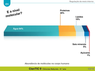 Regulação do meio interno
C1
CienTIC 9 Ciências Naturais - 9.o ano
Água 64%
Proteínas
20%
Lípidos
10%
Sais minerais
5%
Açúcares
1%
Abundância de moléculas no corpo humano
13/16
 