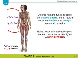 Regulação do meio interno
C1
CienTIC 9 Ciências Naturais - 9.o ano
Matéria
Energia
O corpo humano funciona como
um sistema aberto, isto é, realiza
trocas de matéria e de energia
com o meio exterior.
Estas trocas são essenciais para
manter constantes as condições
do MEIO INTERNO.
2/6
 