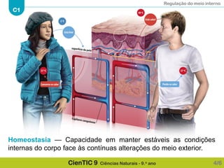 Regulação do meio interno
C1
CienTIC 9 Ciências Naturais - 9.o ano
Homeostasia — Capacidade em manter estáveis as condições
internas do corpo face às contínuas alterações do meio exterior.
4/6
 