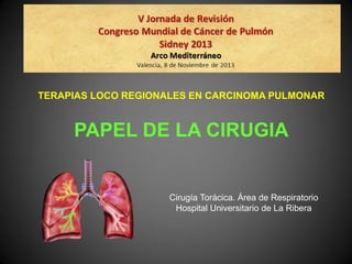 TERAPIAS LOCO REGIONALES EN CARCINOMA PULMONAR

PAPEL DE LA CIRUGIA

Cirugía Torácica. Área de Respiratorio
Hospital Universitario de La Ribera

 