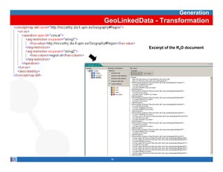 Generation
GeoLinkedData - Transformation


            Excerpt of the R2O document




  28
 