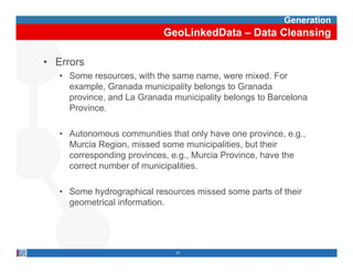 Generation
                            GeoLinkedData – Data Cleansing

• Errors
   • Some resources, with the same name, were mixed. For
     example,
     e ample Granada municipality belongs to Granada
                       m nicipalit
     province, and La Granada municipality belongs to Barcelona
     Province.

   • Autonomous communities that only have one province, e.g.,
     Murcia Region, missed some municipalities, but their
     corresponding provinces, e g Murcia Province have the
                   provinces e.g.,       Province,
     correct number of municipalities.

   • S
     Some hydrographical resources missed some parts of their
                                                      f
     geometrical information.




                               33
 