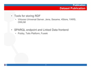 Publication
                                           Dataset Publication

• Tools for storing RDF
   • Virtuoso Universal Server, Jena, Sesame, 4Store, YARS,
     OWLIM


• SPARQL endpoint and Linked Data frontend
   • Pubby, Talis Platform, Fuseki




                               39
 