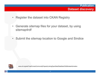Publication
                                                                                   Dataset discovery

• Register the dataset into CKAN Registry

• Generate sitemap files for your dataset, by using
  sitemap4rdf

• Submit the sitemap location to Google and Sindice




  http://www.w3.org/wiki/TaskForces/CommunityProjects/LinkingOpenData/DataSets/CKANmetainformation


                                                       41
 
