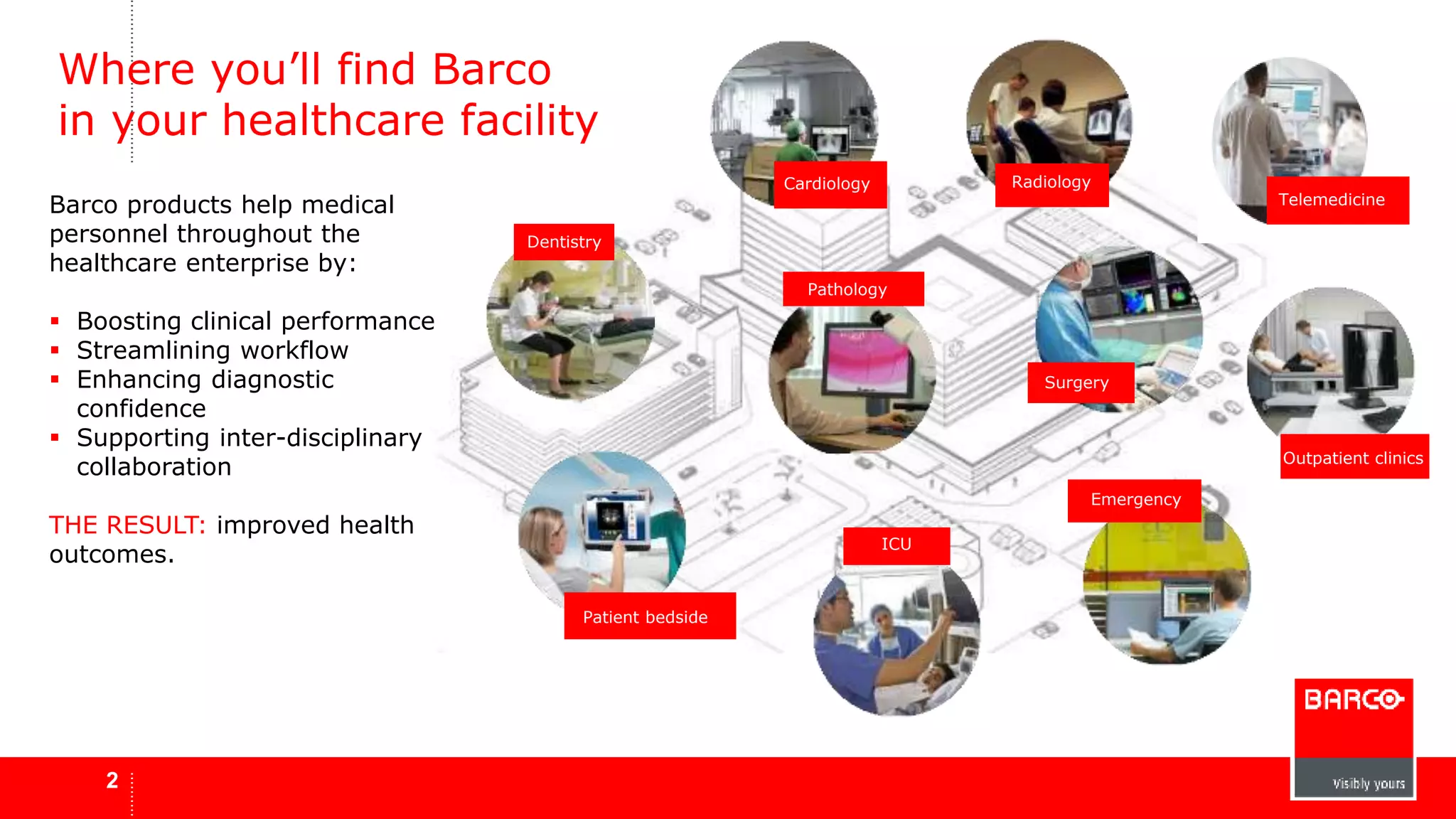 Where you’ll find Barco 
in your healthcare facility 
2 
Cardiology Radiology 
Dentistry 
Outpatient clinics 
Patient bedside 
Emergency 
ICU 
Surgery 
Pathology 
Barco products help medical 
personnel throughout the 
healthcare enterprise by: 
 Boosting clinical performance 
 Streamlining workflow 
 Enhancing diagnostic 
confidence 
 Supporting inter-disciplinary 
collaboration 
THE RESULT: improved health 
outcomes. 
Telemedicine 
 