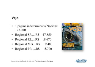 Veja

 •  1 página indeterminada Nacional...........R$
    127.000
 •  Regional SP.....R$ 47.850
 •  Regional RJ.....R$ 18.670
 •  Regional MG....R$ 9.480
 •  Regional PR.....R$ 5.700


Empreendimento e Gestão de Agência | Prof. Me. Alexandre Rodriguez
                                                                     15
 