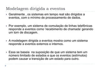 Modelagem dirigida a eventos
 Geralmente , os sistemas em tempo real são dirigidos a
eventos, com o mínimo de processamento de dados.
 Por exemplo, um sistema de comutação de linhas telefônicas
responde a eventos como ‘recebimento de chamada’ gerando
um tom de discagem.
 A modelagem dirigida a eventos mostra como um sistema
responde a eventos externos e internos.
 Essa se baseia na suposição de que um sistema tem um
número limitado de estados e que os eventos (estímulos)
podem causar a transição de um estado para outro.
 