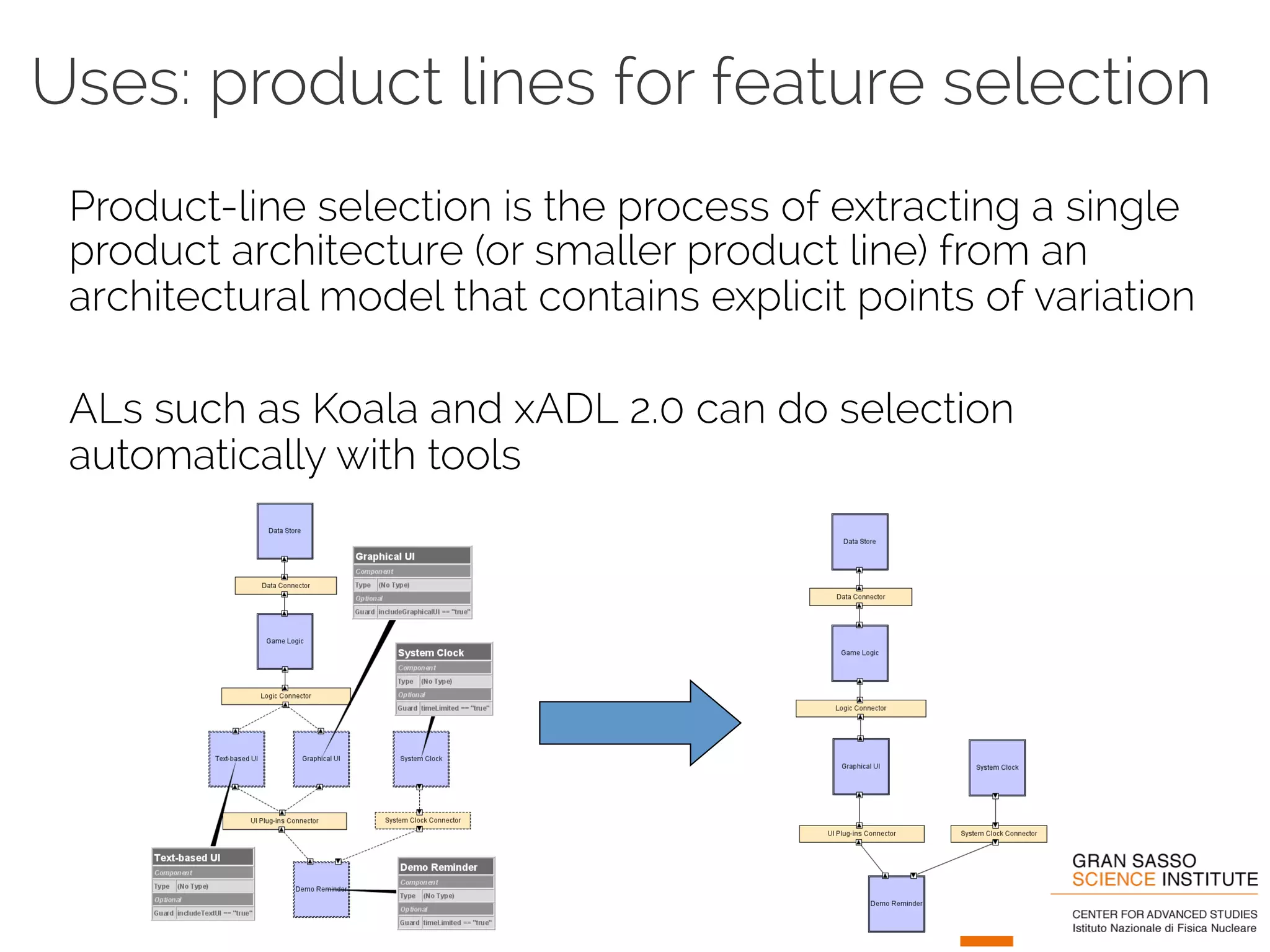 Uses: product lines for feature selection 
Product-line selection is the process of extracting a single 
product architecture (or smaller product line) from an 
architectural model that contains explicit points of variation 
ALs such as Koala and xADL 2.0 can do selection 
automatically with tools 
 