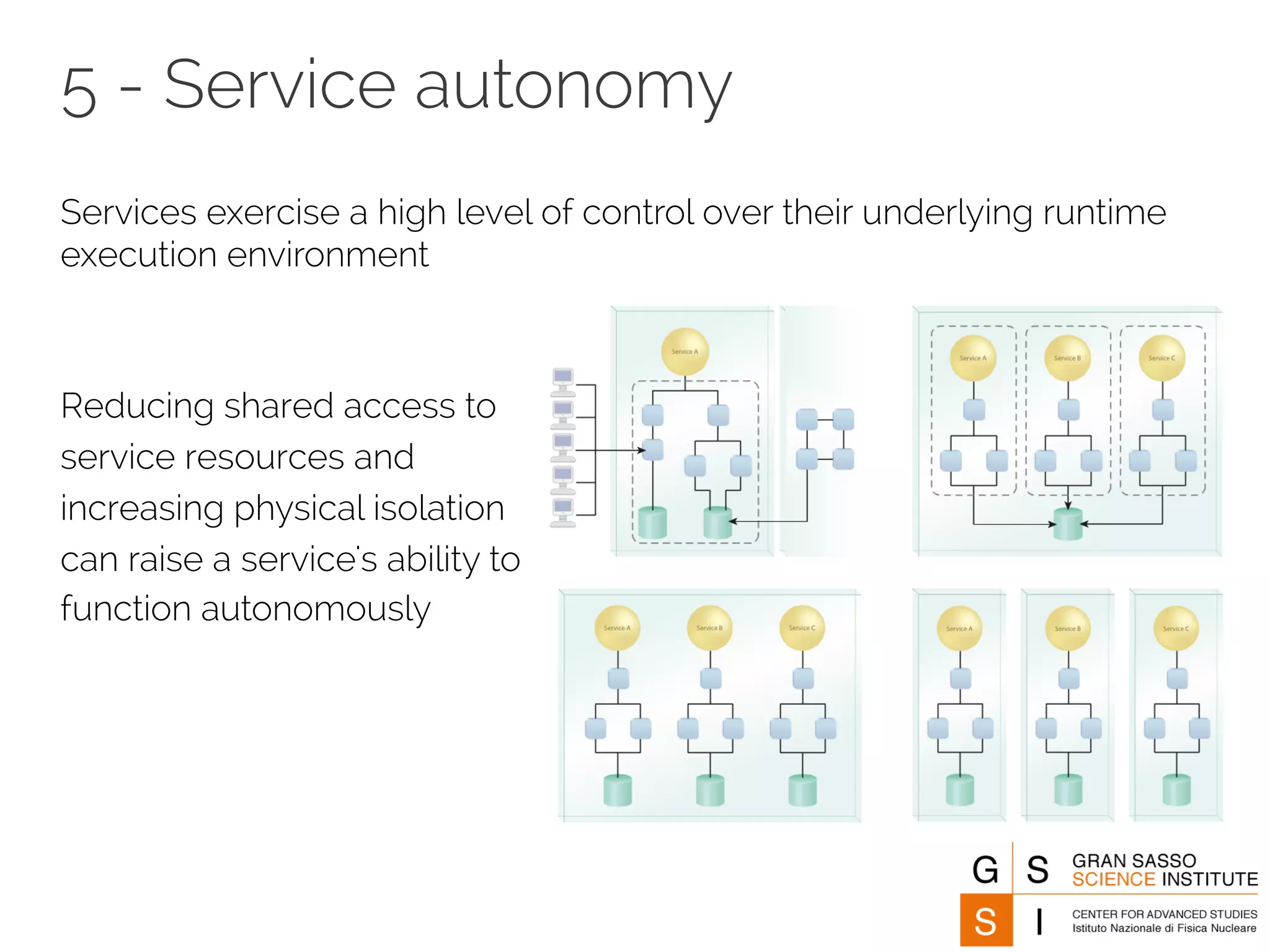 5 - Service autonomy 
Services exercise a high level of control over their underlying runtime 
execution environment 
Reducing shared access to 
service resources and 
increasing physical isolation 
can raise a service's ability to 
function autonomously 
 