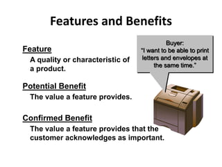 Features and Benefits
Feature
A quality or characteristic of
a product.
Potential Benefit
The value a feature provides.
Confirmed Benefit
The value a feature provides that the
customer acknowledges as important.
This printer has two
separate paper trays.
Two separate paper trays
allows the user to print
letters and envelopes at
the same time.
Buyer:
“I want to be able to print
letters and envelopes at
the same time.”
 