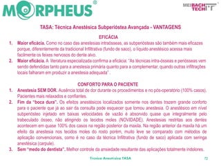 BACH
                                                                                                      TECH



                 TASA: Técnica Anestésica Subperióstea Avançada - VANTAGENS
                                                      EFICÁCIA
1.   Maior eficácia. Como no caso das anestesias intraósseas, as subperiósteas são também mais eficazes
     porque, diferentemente da tradicional Infiltrativa (fundo de saco), o líquido anestésico acessa mais
     facilmente os feixes nervosos do dente alvo.
2.   Maior eficácia. A literatura especializada confirma a eficácia: “As técnicas intra-ósseas e periósseas vem
     sendo defendidas tanto para a anestesia primária quanto para a complementar, quando outras infiltrações
     locais falharam em produzir a anestesia adequada” .

                                      CONFORTO PARA O PACIENTE
1.   Anestesia SEM DOR. Ausência total de dor durante os procedimentos e no pós-operatório (100% casos).
     Pacientes mais relaxados e confiantes.
2.   Fim da “boca dura”. Os efeitos anestésicos localizados somente nos dentes trazem grande conforto
     para o paciente que já ao sair da consulta pode esquecer que tomou anestesia. O anestésico em nível
     subperiósteo injetado em baixas velocidades de vazão é absorvido quase que integralmente pelo
     trabeculado ósseo, não atingindo os tecidos moles (NOVIDADE). Anestesias restritas aos dentes
     acontecem em quase 100% dos casos na região posterior da maxila. Na região anterior da maxila há um
     efeito da anestesia nos tecidos moles do rosto porém, muito leve se comparado com métodos de
     aplicação convencionais, como é no caso da técnica Infiltrativa (fundo de saco) aplicada com seringa
     anestésica (carpule).
3.   Sem “medo do dentista”. Melhor controle da ansiedade resultante das aplicações totalmente indolores.
                                             Técnica Anestésica TASA                                          72
 