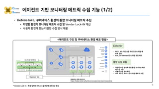 • Hetero-IaaS, 쿠버네티스 환경의 통합 모니터링 메트릭 수집
• 다양한 환경의 모니터링 메트릭 수집 및 Vender Lock-IN 개선
• 사용자 환경에 맞는 다양한 수집 방식 제공
<에이전트 구조 및 쿠버네티스 환경 배포 형상>
Daemon Set
에이전트 기반 모니터링 메트릭 수집 기능 (1/2)
8
Listener
통합 수집 모듈
- REST API 기반 요청 처리 및 모니터링 메
트릭 전달
- Pull, On-demand 모니터링 요청 처리
- 다양한 수집 방식에 대한 통합 모니터링 메트
릭 수집 기능
- 사용자 설정 정보 확인
- VM, MCIS, MCKS 모니터링 메트릭 수집
쿠버네티스 컨셉 공식 문서
https://kubernetes.io/ko/docs/concepts/overview/components
* Vendor Lock-In : 특정 업체의 서비스나 솔루션에 종속되는 현상
 