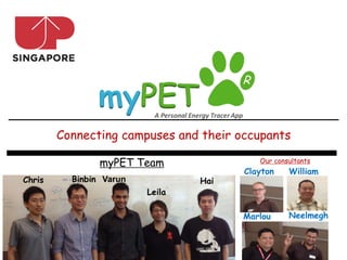 Connecting campuses and their occupants

                myPET Team                Our consultants
                                       Clayton    William
Chris     Binbin Varun           Hai
                         Leila

                                       Marlou     Neelmegh
 