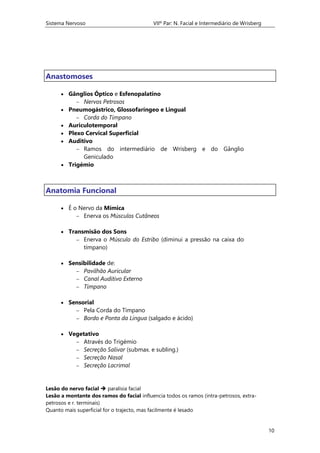 Sistema Nervoso VIIº Par: N. Facial e Intermediário de Wrisberg
10
Anastomoses
 Gânglios Óptico e Esfenopalatino
 Nervos Petrosos
 Pneumogástrico, Glossofaríngeo e Lingual
 Corda do Tímpano
 Auriculotemporal
 Plexo Cervical Superficial
 Auditivo
 Ramos do intermediário de Wrisberg e do Gânglio
Geniculado
 Trigémio
Anatomia Funcional
 É o Nervo da Mímica
 Enerva os Músculos Cutâneos
 Transmisão dos Sons
 Enerva o Músculo do Estribo (diminui a pressão na caixa do
tímpano)
 Sensibilidade de:
 Pavilhão Auricular
 Canal Auditivo Externo
 Tímpano
 Sensorial
 Pela Corda do Tímpano
 Bordo e Ponta da Língua (salgado e ácido)
 Vegetativo
 Através do Trigémio
 Secreção Salivar (submax. e subling.)
 Secreção Nasal
 Secreção Lacrimal
Lesão do nervo facial  paralisia facial
Lesão a montante dos ramos do facial influencia todos os ramos (intra-petrosos, extra-
petrosos e r. terminais)
Quanto mais superficial for o trajecto, mas facilmente é lesado
 