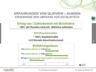 ERFAHRUNGEN VON QLIKVIEW – KUNDEN
ERGEBNISSE DER UMFRAGE VON IDC/QLIKTECH




                                                                           7




              12. Controlling Innovation Berlin   Sonnabend, 27.Oktober 2012
 