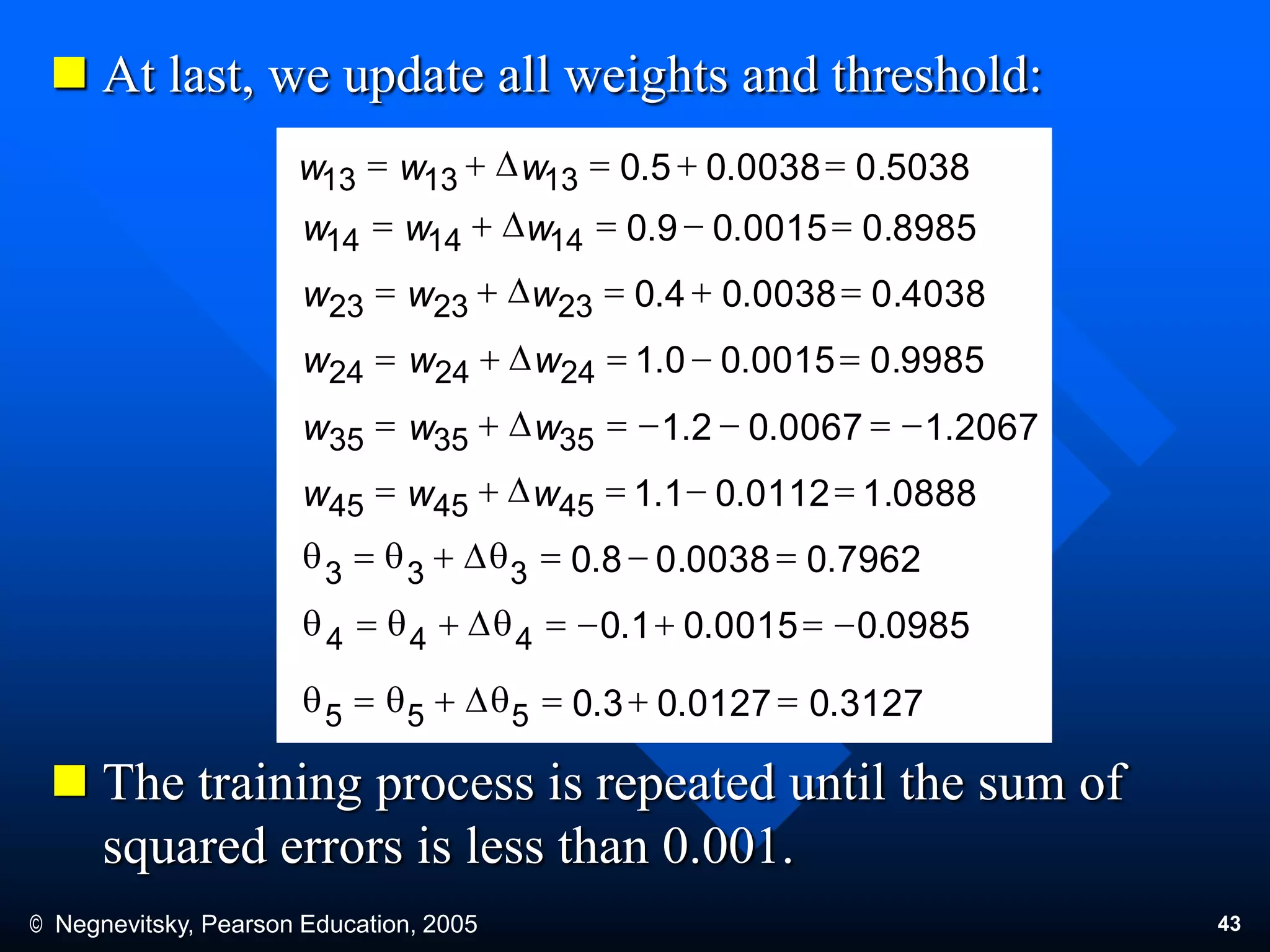 © Negnevitsky, Pearson Education, 2005 43
 At last, we update all weights and threshold:
 The training process is repeated until the sum of
squared errors is less than 0.001.
5038.00038.05.0131313 D www
8985.00015.09.0141414 D www
4038.00038.04.0232323 D www
9985.00015.00.1242424 D www
2067.10067.02.1353535 D www
0888.10112.01.1454545 D www
7962.00038.08.0333
qDqq
0985.00015.01.0444 qDqq
3127.00127.03.0555 qDqq
 