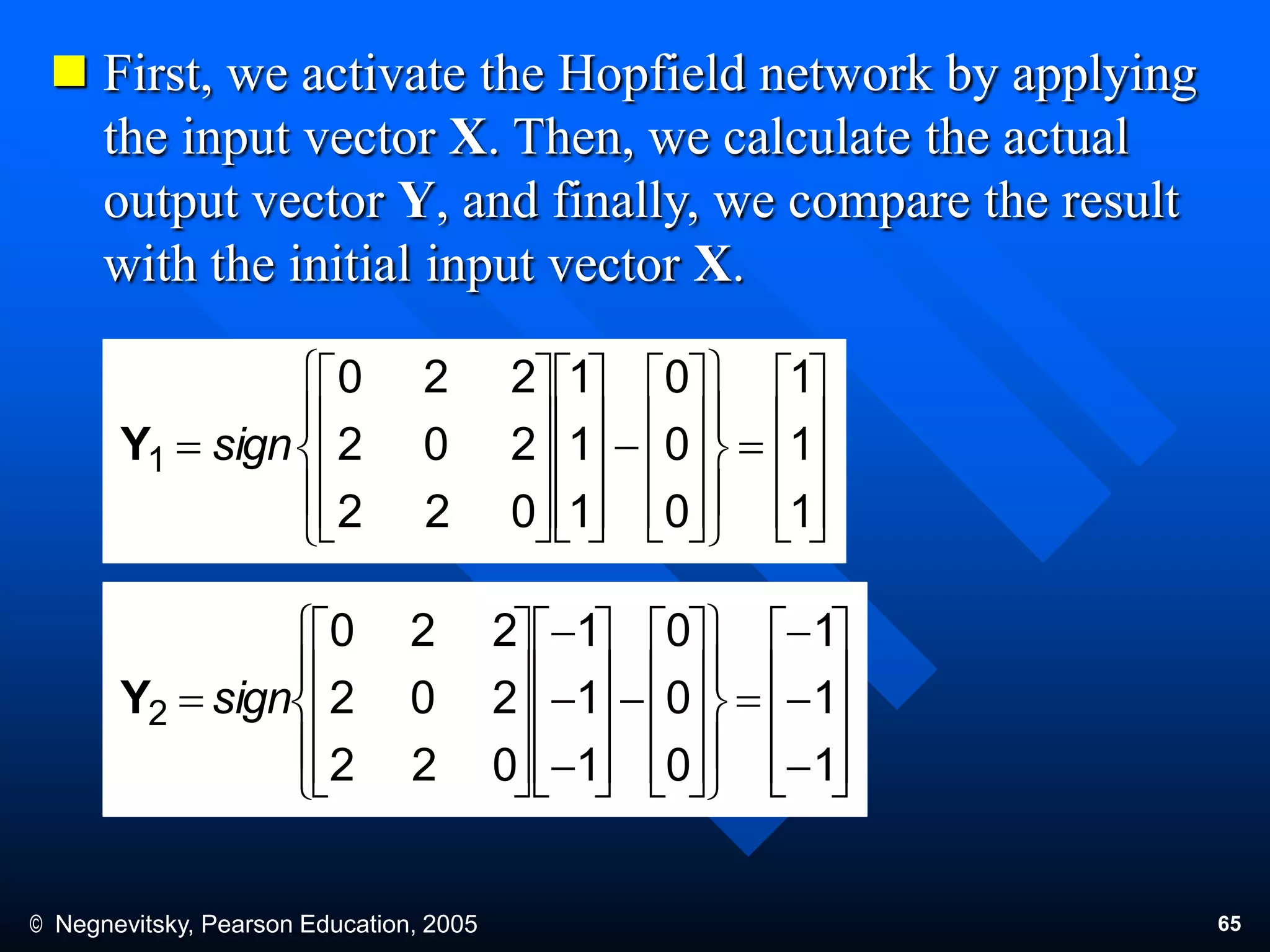 © Negnevitsky, Pearson Education, 2005 65
 First, we activate the Hopfield network by applying
the input vector X. Then, we calculate the actual
output vector Y, and finally, we compare the result
with the initial input vector X.





















































1
1
1
0
0
0
1
1
1
022
202
220
1 signY



























































1
1
1
0
0
0
1
1
1
022
202
220
2 signY
 