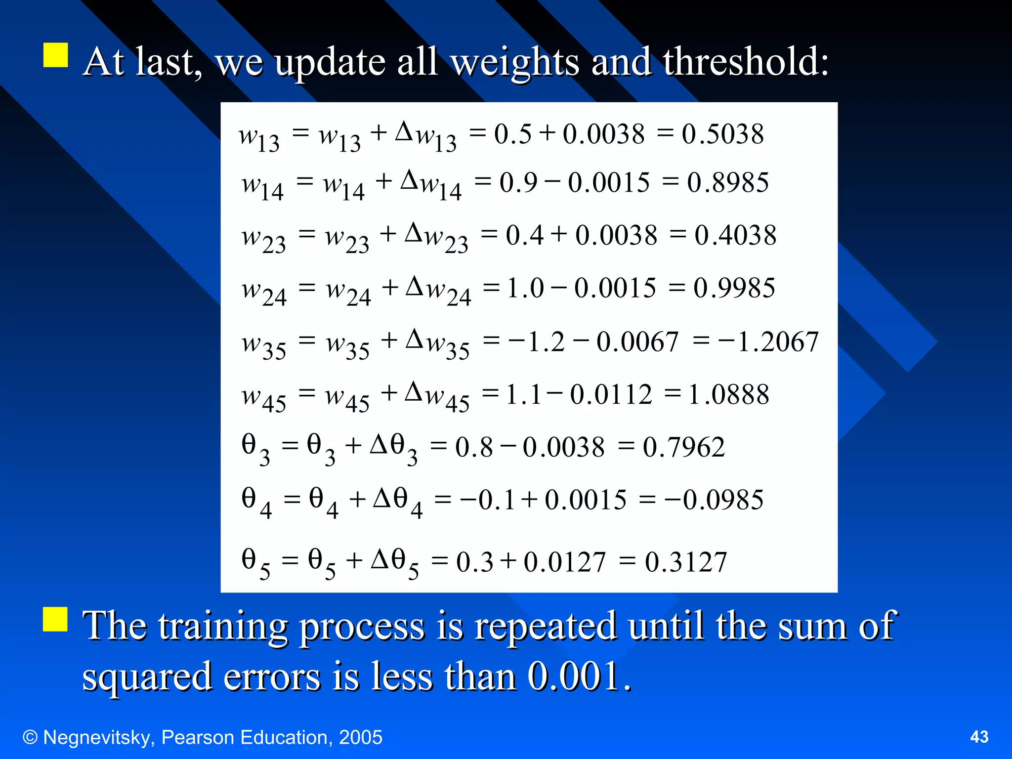  At last, we update all weights and threshold:
w13 = w13 + ∆ w13 = 0 . 5 + 0 . 0038 = 0 .5038
w14 = w14 + ∆ w14 = 0 . 9 − 0 . 0015 = 0 .8985
w 23 = w 23 + ∆ w 23 = 0 . 4 + 0 . 0038 = 0 .4038
w 24 = w 24 + ∆ w 24 = 1 . 0 − 0 . 0015 = 0 .9985
w 35 = w35 + ∆ w35 = − 1 . 2 − 0 . 0067 = − 1 . 2067
w 45 = w 45 + ∆ w 45 = 1 . 1 − 0 . 0112 = 1 .0888
θ 3 = θ 3 + ∆ θ 3 = 0 . 8 − 0 .0038 = 0 . 7962
θ 4 = θ 4 + ∆ θ 4 = − 0 . 1 + 0 . 0015 = − 0 .0985
θ 5 = θ 5 + ∆ θ 5 = 0 . 3 + 0 . 0127 = 0 . 3127

 The training process is repeated until the sum of
squared errors is less than 0.001.
© Negnevitsky, Pearson Education, 2005

43

 
