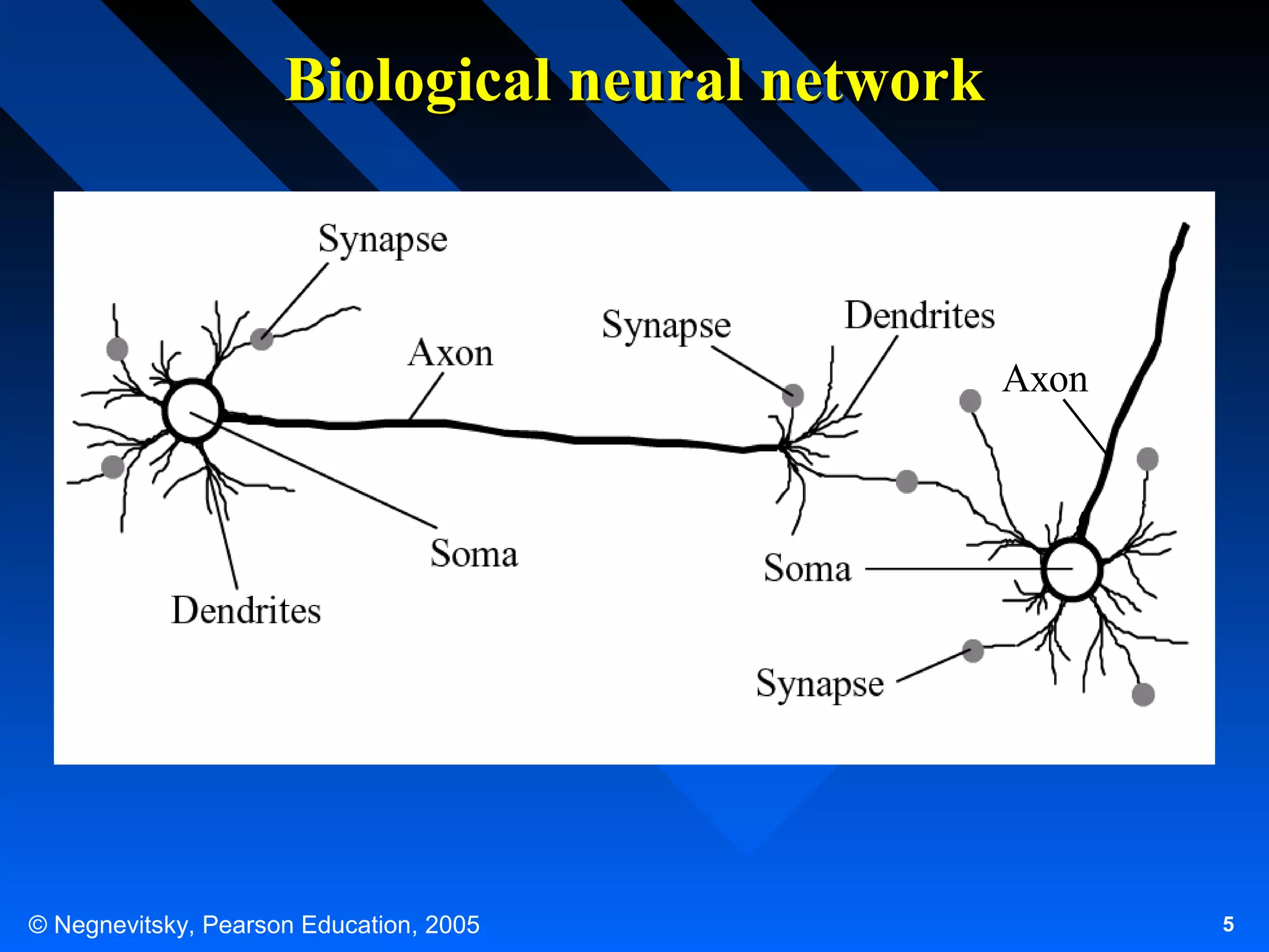 Biological neural network
Synapse
Axon

Soma
Dendrites

Synapse

Dendrites
Axon

Soma
Synapse

© Negnevitsky, Pearson Education, 2005

5

 