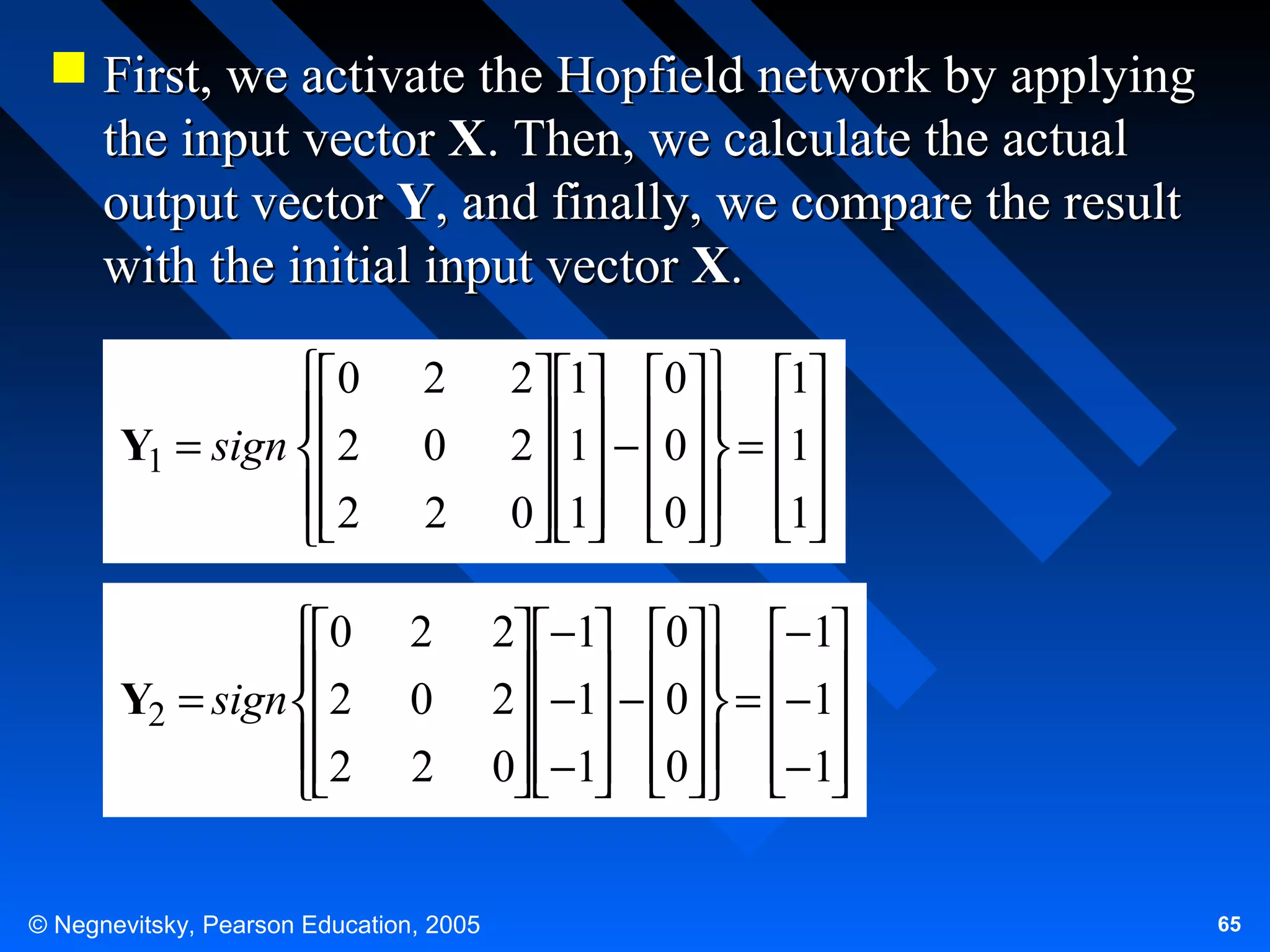  First, we activate the Hopfield network by applying
the input vector X. Then, we calculate the actual
output vector Y, and finally, we compare the result
with the initial input vector X.
0

Y1 = sign 2
2


2
0
2

2 1 0  1
 1 − 0  = 1
2       
0 1 0  1
     

0

Y2 = sign 2
2


2
0
2

2 −1 0 −1
 −1 − 0 = −1
2      
0 −1 0 −1
      

© Negnevitsky, Pearson Education, 2005

65

 