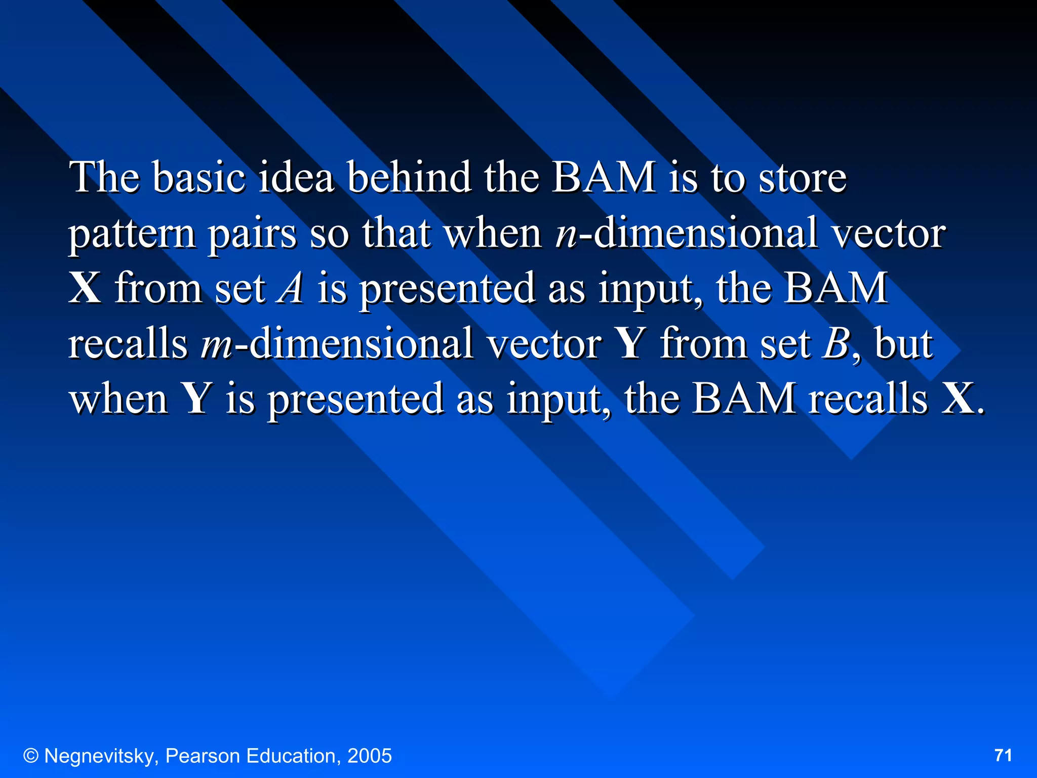 The basic idea behind the BAM is to store
pattern pairs so that when n-dimensional vector
X from set A is presented as input, the BAM
recalls m-dimensional vector Y from set B, but
when Y is presented as input, the BAM recalls X.

© Negnevitsky, Pearson Education, 2005

71

 