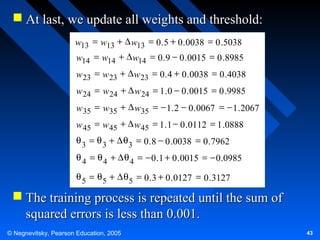  At last, we update all weights and threshold:
w13 = w13 + ∆ w13 = 0 . 5 + 0 . 0038 = 0 .5038
w14 = w14 + ∆ w14 = 0 . 9 − 0 . 0015 = 0 .8985
w 23 = w 23 + ∆ w 23 = 0 . 4 + 0 . 0038 = 0 .4038
w 24 = w 24 + ∆ w 24 = 1 . 0 − 0 . 0015 = 0 .9985
w 35 = w35 + ∆ w35 = − 1 . 2 − 0 . 0067 = − 1 . 2067
w 45 = w 45 + ∆ w 45 = 1 . 1 − 0 . 0112 = 1 .0888
θ 3 = θ 3 + ∆ θ 3 = 0 . 8 − 0 .0038 = 0 . 7962
θ 4 = θ 4 + ∆ θ 4 = − 0 . 1 + 0 . 0015 = − 0 .0985
θ 5 = θ 5 + ∆ θ 5 = 0 . 3 + 0 . 0127 = 0 . 3127

 The training process is repeated until the sum of
squared errors is less than 0.001.
© Negnevitsky, Pearson Education, 2005

43

 