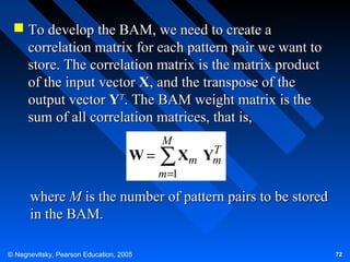  To develop the BAM, we need to create a
correlation matrix for each pattern pair we want to
store. The correlation matrix is the matrix product
of the input vector X, and the transpose of the
output vector YT. The BAM weight matrix is the
sum of all correlation matrices, that is,

W=

M

T
Xm Ym
∑

m=1

where M is the number of pattern pairs to be stored
in the BAM.
© Negnevitsky, Pearson Education, 2005

72

 