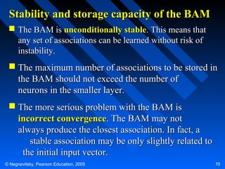 Stability and storage capacity of the BAM
 The BAM is unconditionally stable. This means that
any set of associations can be learned without risk of
instability.

 The maximum number of associations to be stored in
the BAM should not exceed the number of
neurons in the smaller layer.
 The more serious problem with the BAM is
incorrect convergence. The BAM may not
always produce the closest association. In fact, a
stable association may be only slightly related to
the initial input vector.
© Negnevitsky, Pearson Education, 2005

73

 