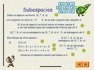 2 a       2 b - c



               Subespacios
                                              2 d     2 e      2 f

                                                2 g - h       2 i

Dado un espacio vectorial (V, *, K, •)

y el conjunto no vacío S ⊂ V    S es un sub conjunto del conjunto V

          Si S es un espacio vectorial sobre el mismo cuerpo K
          y con las mismas leyes de composición interna que en V

   (S, *, K, •) es un subespacio de (V, *, K, •) ó S es subespacio de V

Escribimos de otra manera :                      Si (S, *, K, •) es un
                                               subespacio de (V, *, K, •)
  Si      1) S ≠∅
          2) x ∈ S ∧ y ∈ S ⇒ x + y ∈ S          (S, *) es un sub grupo
                                                       de (V, *)
          3) α ∈ R ∧ x ∈ S ⇒ α x ∈ S

             entonces el elemento neutro pertenece a S
 