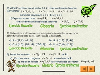 3) a) En R3 verificar que el vector (-1, 2, -1) es combinación lineal de
los vectores u = ( 2, −1, 1 )    v = ( −2, 1, −1 )    w = ( 1, 1, 0 )
            siendo los escalares : a = 2 ; b= 3 y c = 1 .
   b) Expresar los vectores u = ( 0, 4 )    v = ( −2, 4 )
         como combinación lineal de los versores      i = ( 1,0 )          j = ( 0,1 )




4) Determinar analíticamente si los siguientes conjuntos de vectores
constituyen una base de R2, justificando la respuesta.

  a) A = { (1, 2) ; (-2, 1) }                 b) B = { (1, 2) ; (2, 4) }
  c) C = { (1, 3) ; (1/2, -4) ; (17/5, 8) }   d) D = { (0, 0) ; (2, 1) }



5) Dados los vectores u = ( 1 2 ; 2)         v = ( 3, 1 ) de R2 :
   a)   Verificar que el conjunto A = { u ; v } es una base de R2
           b) Hallar en la base A = { u ; v } las coordenadas del vector           w = ( −4, 6)
 