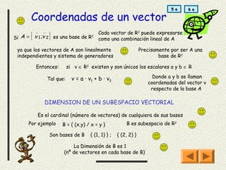 5 a    6 a

         Coordenadas de un vector
Si A =   { v 1 ;v 2 } es una base de R   2
                                             Cada vector de R2 puede expresarse
                                             como una combinación lineal de A

 ya que los vectores de A son linealmente                         Precisamente por ser A una
 independientes y sistema de generadores                                  base de R2

           Entonces:       si v ∈ R2 existen y son únicos los escalares a y b ∈ R

                Tal que:     v = a · v 1 + b · v2                      Donde a y b se llaman
                                                                     coordenadas del vector v
                                                                      respecto de la base A

               DIMENSION DE UN SUBESPACIO VECTORIAL

            Es el cardinal (número de vectores) de cualquiera de sus bases
     Por ejemplo        B = { (x,y) / x = y }            B es subespacio de R2

                 Son bases de B       { (1, 1) } ;   { (2, 2) }

                            La Dimensión de B es 1
                        (nº de vectores en cada base de B)
 