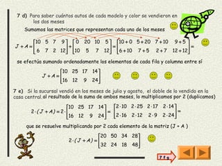 7 d) Para saber cuántos autos de cada modelo y color se vendieron en
       los dos meses
    Sumamos las matrices que representan cada uno de los meses

       10 5 7 9   0 20 10 5  10 + 0 5 + 20 7 + 10 9 + 5 
J +A =          +           =                           =
        6 7 2 12 10 5 7 12 6 + 10 7 + 5 2 + 7 12 + 12
                                                        
 se efectúa sumando ordenadamente los elementos de cada fila y columna entre sí

                   10 25 17 14 
            J +A =             
                   16 12 9 24
                               
7 e) Si la sucursal vendió en los meses de julio y agosto, el doble de lo vendido en la
casa central. al resultado de la suma de ambos meses, lo multiplicamos por 2 (duplicamos)

                         10 25 17 14   2 ⋅ 10 2 ⋅ 25 2 ⋅ 17 2 ⋅ 14 
       2 ⋅( J + A) = 2 ⋅             =                             =
                         16 12 9 24
                                       2 ⋅ 16 2 ⋅ 12 2 ⋅ 9 2 ⋅ 24 
                                                                     
     que se resuelve multiplicando por 2 cada elemento de la matriz (J + A )

                                      20 50 34 28
                        2 ⋅( J + A) =            
                                      32 24 18 48
                                                 

                                                                7 f g
 