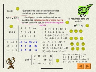 DxB                   Evaluamos la clase de cada una de las
                       matrices que vamos a multiplicar

D(3x3) x B(3x4)          Para que el producto de matrices sea
                                                                                   el resultado será una
                       posible, las columnas de la primera matriz
                                                                                          matriz
                       deben coincidir con las filas de la segunda
                                         matriz                                               ( 3 x
                                                                                          M           4)
                   1     5    2    −6       1 ⋅ 1 + (-4) ⋅ 0 + 3 ⋅ (-1) = - 2
     DxB           0     1    −9   4        1 ⋅ 5 + (-4) ⋅ 1 + 3 ⋅ 5 = 16

                  −1 5        −1   3        1 ⋅ 2 + (-4) ⋅ (-9) + 3 ⋅ (-1) = 35
                                            1 ⋅ (-6) + (-4) ⋅ 4 + 3 ⋅ 3 = -13

 1   −4 3         -2     16   35 -13       (-2) ⋅ 1 + 1 ⋅ 0 + 2 ⋅ (-1) = -4
                                           (-2) ⋅ 5 + 1 ⋅ 1 + 2 ⋅ 5 = 1
−2    1    2      -4      1 -15     22
                                           (-2) ⋅ 2 + 1 ⋅ (-9) + 2 ⋅ (-1) = -15
−1    1    0      -1 -4 -11         10
                                           (-2) ⋅ (-6) + 1 ⋅ 4 + 2 ⋅ 3 = 22
                                                                          (-1)   ⋅ 1 + 1 ⋅ 0 + 0 ⋅ (-1) = -1
                                − 2 16 35 − 13                          (-1)   ⋅ 5 + 1 ⋅ 1 + 0 ⋅ 5 = -4
                                                
                         DxB =  − 4 1 − 15 22                           (-1)   ⋅ 2 + 1 ⋅ (-9) + 0 ⋅ (-1) = -11
                                                                        (-1)   ⋅ (-6) + 1 ⋅ 4 + 0 ⋅ 3 = 10
                                − 1 − 4 − 11 10 
 