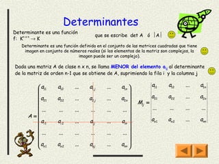 Determinantes
Determinante es una función
                                           que se escribe det A ó A
f: Kn x n → K
   Determinante es una función definida en el conjunto de las matrices cuadradas que tiene
    imagen en conjunto de números reales (si los elementos de la matriz son complejos, la
                              imagen puede ser un complejo).

Dada una matriz A de clase n x n, se llama MENOR del elemento aij al determinante
de la matriz de orden n-1 que se obtiene de A, suprimiendo la fila i y la columna j


         a11       a12      ...    a1 j       ...   a1n             a11    a12    ...      a1n
                                                         
        a          a22      ...    a2 j       ...   a2n             a21    a22    ...      a2n
         21                                                 Mij =
         ...        ...     ...     ...       ...    ...            ...    ...    ...      ...
                                                         
      A=                                                            an 1   an 2   ...      ann
         ai 1      ai 2     ...    aij        ...   ain 
                                                         
         ...        ...     ...     ...       ...    ... 
                                                         
        a          an 2     ...    anj        ...   ann 
         n1                                              
 