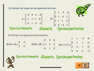  11) Calcular los rangos de las siguientes matrices :

                                                 1      1 − 3 − 1
                        − 2 4 2 − 2                            
                                               2      1 −2 1 
                   A = − 1 − 1 1 0          B =                
                                               1      1 1   3
                       − 2 1 2 − 1 
                                                               
                                                 1
                                                        2 −3 1  



 12) Calcular los siguientes determinantes
                                                                        1   1    −2   4
                                        2     4   3
               3    −1                                                  0   1    1    3
D( A ) = A =               D( B ) = B = − 1   3   1      D( C ) = C =
               1    1                                                   2   −1   1    0
                                        4     1   2
                                                                        3   4    2    −1
 