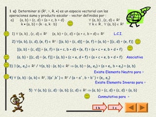 1 a) Determinar si (R2, ∗, R, •) es un espacio vectorial con las
operaciones suma y producto escalar - vector definidos por :
 a)   (a, b) ∗ (c, d) = (a + c, b + d)             ∀ (a, b) , (c, d) ∈ R2
       k • (a, b) = (k · a, k · b)      
                                                   ∀ k ∈ R , ∀ (a, b) ∈ R2

 1) ∀ (a, b) , (c, d) ∈ R2    (a, b) ∗ (c, d) = (a + c, b + d) ∈ R2        L.C.I.

 2) ∀(a, b), (c, d), (e, f) ∈ R2 : [(a, b) ∗ (c, d)] ∗ (e, f) = (a, b) ∗ [(c, d) ∗ (e, f)]

     [(a, b) ∗ (c, d)] ∗ (e, f) = (a + c, b + d) + (e, f) = (a + c + e, b + d + f)

     (a, b) ∗ [(c, d) ∗ (e, f)] = (a, b) + (c + e, d + f) = (a + c + e, b + d + f)   Asociativa

3) ∃ (e1, e2) ∈ R2 / ∀(a, b) : (a, b) ∈ R2 ⇒ (a, b) ∗ (e1, e2) = (a + e1, b + e2) = (a, b)
                                                             Existe Elemento Neutro para ∗
4) ∀ (a, b) : (a, b) ∈ R2, ∃(a´,b´) ∈ R2 / (a ∗ a´, b ∗ b´) = (e1, e2)
                                                           Existe Elemento Inverso para ∗

             5) ∀ (a, b); (c, d) : (a, b); (c, d) ∈ R2 ⇒ (a, b) ∗ (c, d) = (c, d) ∗ (a, b)
                                                                Conmutativa para ∗


                                                              1 b         1 c
 
