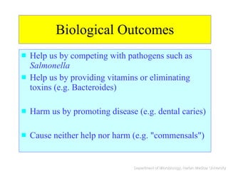 Biological Outcomes Help us by competing with pathogens such as  Salmonella   Help us by providing vitamins or eliminating toxins (e.g. Bacteroides)  Harm us by promoting disease (e.g. dental caries)  Cause neither help nor harm (e.g. "commensals") 