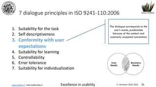 www.dadda.it roberto@dadda.it Excellence in usability 1st semester 2021-2022 35
7 dialogue principles in ISO 9241-110:2006
1. Suitability for the task
2. Self descriptiveness
3. Conformity with user
expectations
4. Suitability for learning
5. Controllability
6. Error tolerance
7. Suitability for individualization
The dialogue corresponds to the
user's needs, predictable
because of the context and
commonly accepted conventions
 