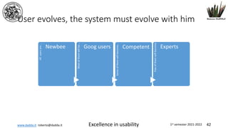 www.dadda.it roberto@dadda.it Excellence in usability 1st semester 2021-2022 42
User evolves, the system must evolve with him
All
users
are
…
Newbee
Most
of
them
will
be…
Goog users
Some
of
them
will
become…
Competent
Few
of
them
will
become
Experts
 