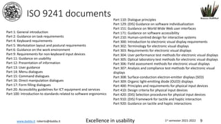 www.dadda.it roberto@dadda.it Excellence in usability 1st semester 2021-2022 9
ISO 9241 documents
Part 1: General introduction
Part 2: Guidance on task requirements
Part 4: Keyboard requirements
Part 5: Workstation layout and postural requirements
Part 6: Guidance on the work environment
Part 9: Requirements for non-keyboard input devices
Part 11: Guidance on usability
Part 12: Presentation of information
Part 13: User guidance
Part 14: Menu dialogues
Part 15: Command dialogues
Part 16: Direct manipulation dialogues
Part 17: Form filling dialogues
Part 20: Accessibility guidelines for ICT equipment and services
Part 100: Introduction to standards related to software ergonomics
Part 110: Dialogue principles
Part 129: (DIS) Guidance on software individualization
Part 151: Guidance on World Wide Web user interfaces
Part 171: Guidance on software accessibility
Part 210: Human-centred design for interactive systems
Part 300: Introduction to electronic visual display requirements
Part 302: Terminology for electronic visual displays
Part 303: Requirements for electronic visual displays
Part 304: User performance test methods for electronic visual displays
Part 305: Optical laboratory test methods for electronic visual displays
Part 306: Field assessment methods for electronic visual displays
Part 307: Analysis and compliance test methods for electronic visual
displays
Part 308: Surface-conduction electron-emitter displays (SED)
Part 309: Organic light-emitting diode (OLED) displays
Part 400: Principles and requirements for physical input devices
Part 410: Design criteria for physical input devices
Part 420: (DIS) Selection procedures for physical input devices
Part 910: (DIS) Framework for tactile and haptic interaction
Part 920: Guidance on tactile and haptic interactions
 